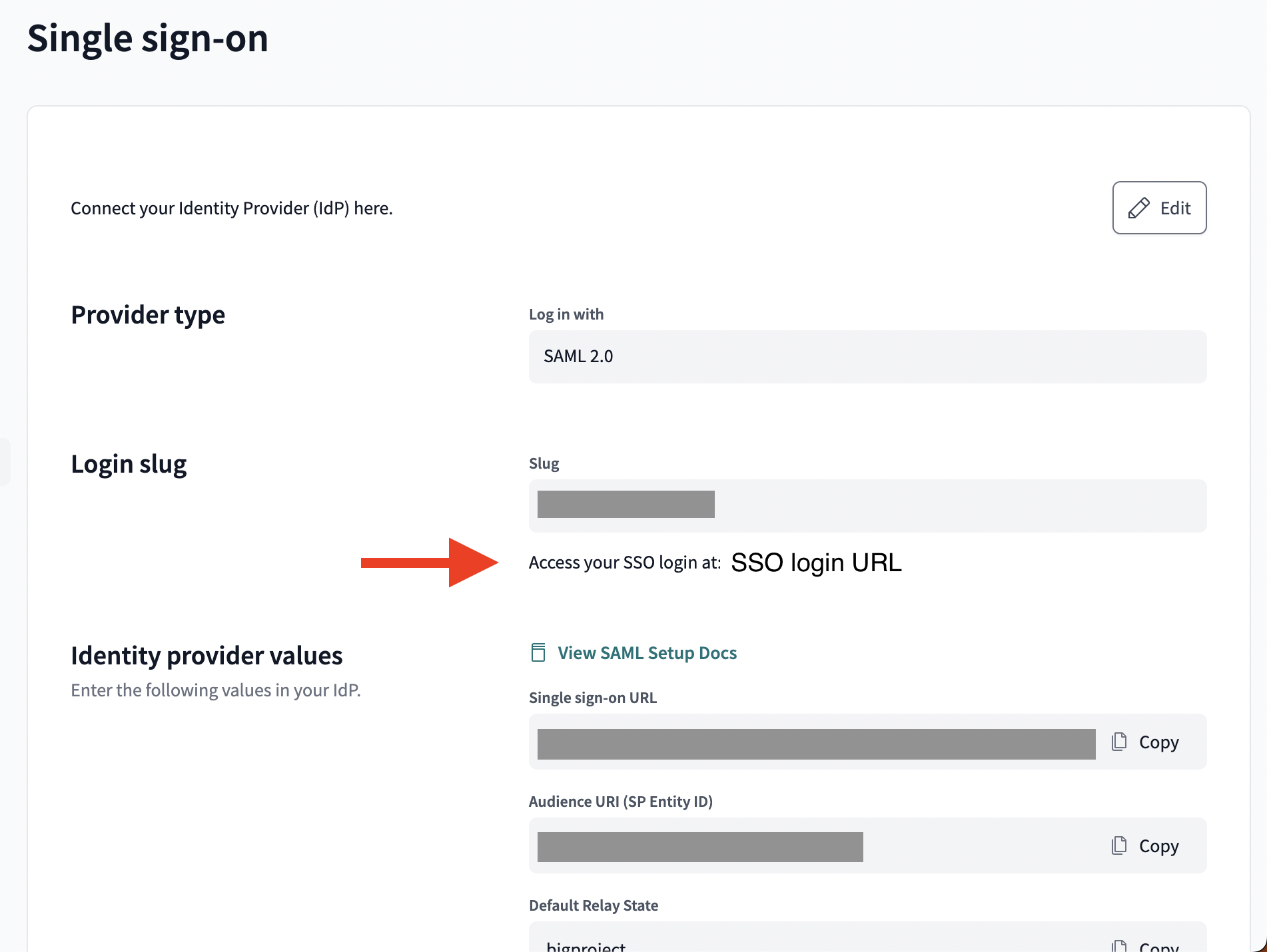 The SSO login URL in the account settings.